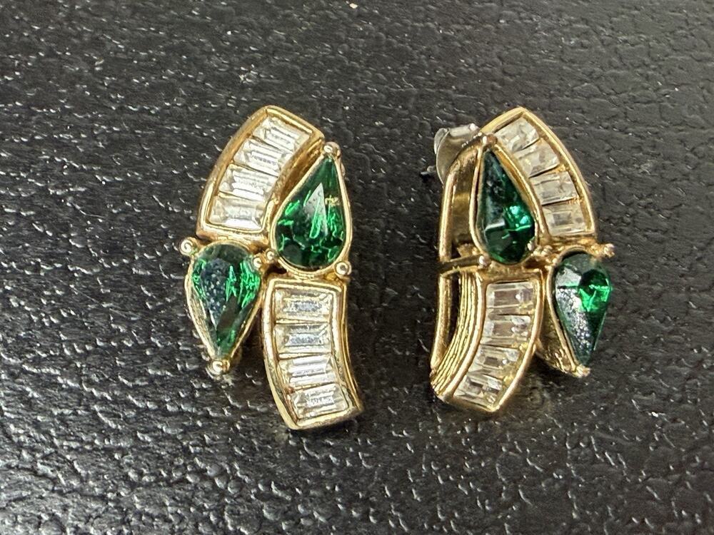 VTG Park Lane CZ & Simulated Emerald Pierced Earrings Gold Tone Glamour Signed